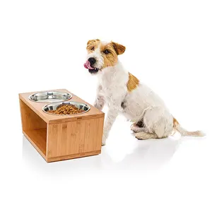Bamboo and wood pet bowl stand solid wood dining table food bowl stainless steel bamboo frame bamboo cat dog feeder