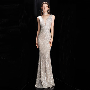 Champagne Evening Gown V-neck Mermaid Sequined Long Dress For Banquet Art Exam Women 2026 Elegant Fishtail Skirt - Product Image 1