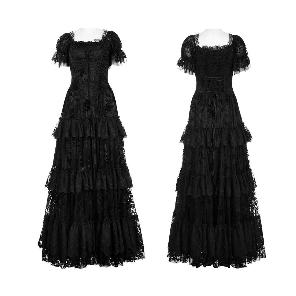 Punk Rave WQ-613LQF gothic elegant slim mysterious exquisite lace decorated rich layers flocking mesh goth gorgeous print dress