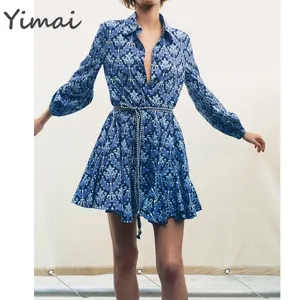 OEM High Quality Long Sleeve Short Collared Casual Contrast Rope Belt Floral Women Designer Dresses