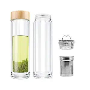 double wall luxury glass infuser drinking water bottle tea bottle with crystal bamboo plastic lid tea bottle select