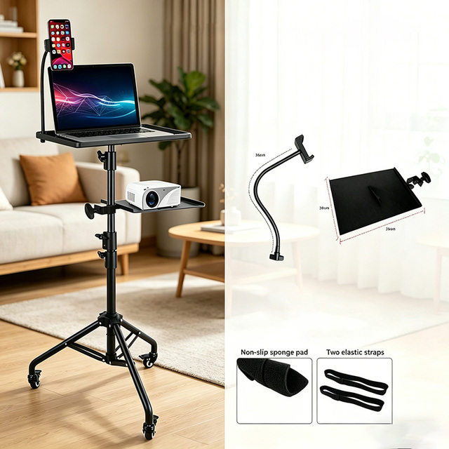 Laptop Metal Vertical Floor Stand Customizable Mobile Lifting Tripod Wheels Phone Live Streaming Projector Holder