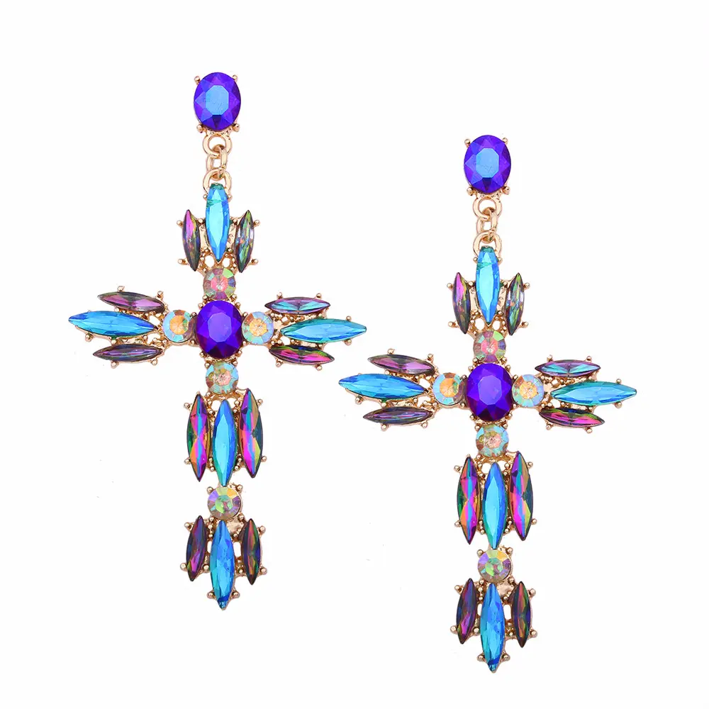 MUSI Popular Jewelry Fashion Creative Alloy Studded Diamonds Earring Jesus Cross Shape Exaggerated Shiny Earrings