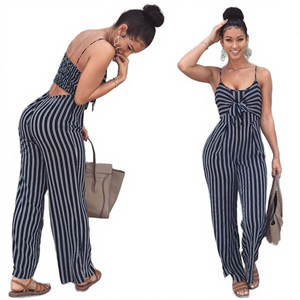 Monos de mujer holgados y sexys con tirantes finos, estampado de rayas, pantalones largos de pierna ancha, sin mangas, estilo casual - Product Image 4