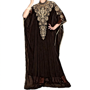 Elegante Abaya Marrón Bordada de Poliéster para Mujer, Talla Grande, Larga hasta el Suelo, Manga Larga, Cuello Alto, Vestido Casual Modesto para Fiesta - Product Image 1