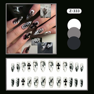 Faux ongles à pression Dark Halloween, 24 pièces, design croix noir et gris, réutilisables, pour fête à thème, décoration d'ongles DIY - Product Image 2