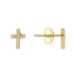 925 Sterling Silver Jewelry Women Christian 18K Gold Plated Cross Stud Earring