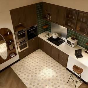 2026 Luxury Brown Custom <b>Wood</b> Kitchen Cabinets Modular Set with Sink&Vintage-Style Range Hood, Elegant Classic Kitchen Furniture - Product Image 3