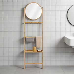 Moderno Portasciugamani Multifunzionale in Bambù per Bagno con Specchio, <span class=keywords><strong>Cestino</strong></span> e Rastrelliera Non Pieghevole per Vestiti e Coperte - Product Image 4