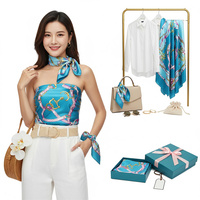 Selendang Sutra Persegi 90cm Motif Sabuk Biru Cyan Musim Panas untuk Wanita, Atasan Tube dan Pembungkus Pergelangan Tangan, Selendang Pantai Satin Mewah