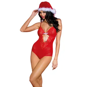 Lingerie natal seksi teddy jaring renda merah kostum santa claus lingerie wanita kostum maskot Natal busur kustom
