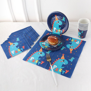 Fête d'anniversaire <span class=keywords><strong>dinosaure</strong></span> bleu vaisselle jetable assiette en <span class=keywords><strong>papier</strong></span> tasse <span class=keywords><strong>serviette</strong></span> en <span class=keywords><strong>papier</strong></span> nappe ballon drapeau fournitures de fête - Product Image 2