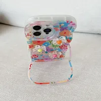 Casing Ponsel Rantai Gelang Manik-Manik Untuk IPhone 16 17 15 14 13 11 12 Pro Max Plus Penyangga Bunga 3D Penahan Stand Tali Gantungan