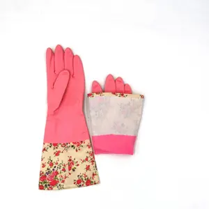 Xingli printed sleeve cotton flocklined extra long rose printing household gloves for kitchen