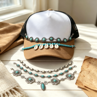 Chaîne de chapeau turquoise western vintage en argent avec coquillages de cauris et perles, bande de chapeau bohème style sud-ouest, accessoire de chapeau de cowgirl pour casquette de camionneur