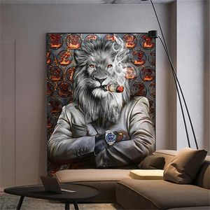 Tableau mural en <span class=keywords><strong>toile</strong></span> de luxe pour homme, motif Lion en costume, Lion <span class=keywords><strong>patron</strong></span> élégant avec montre, impression animale moderne pour la maison et le bureau - Product Image 1