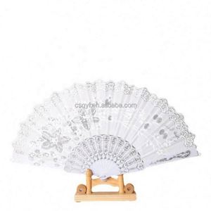 QYL Spanish Folding Fan Vintage Handheld Fan Traditional Retro Pattern Fabric <b>Plastic</b> <b>Frame</b> for Wedding Dancing Party (White) - Product Image 5
