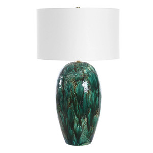 Lampe de table artisanale moderne en céramique émaillée marbrée vert émeraude |   Éclairage côtier audacieux pour les espaces d'hôtel et les salons - Product Image 1