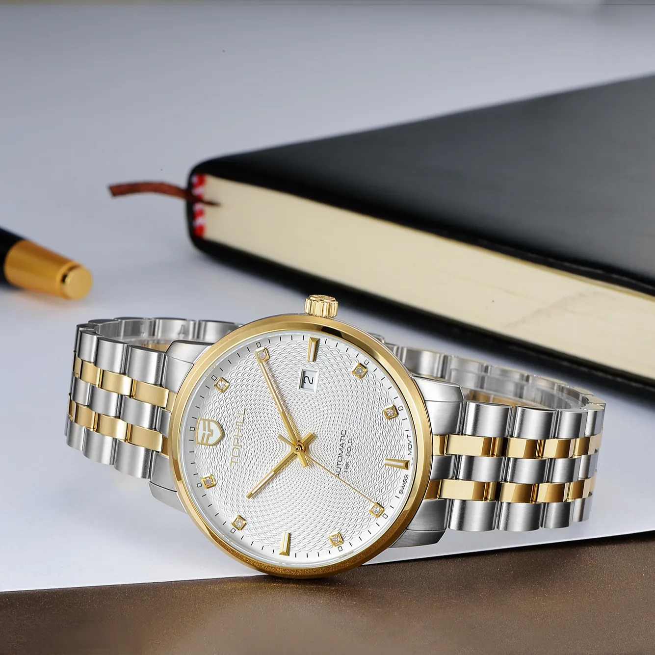 2021 새로운 패션 골드 망 스테인레스 스틸 손목 시계 자동 기계식 손목 시계 방수 사용자 정의