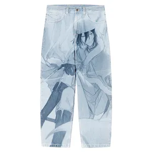 Streetwear Harajuku Jeans Hip Hop pour homme Pantalon en denim large à imprimé graffiti et grunge Pantalon décontracté à taille haute