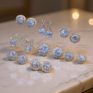 Orecchini a lobo placcati oro bianco con gemma blu taglio brillante rotondo per donna, gioielli alla moda per feste, in lega di zinco placcata argento - Product Image 2