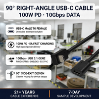 Câble d'extension USB-C à angle droit de 90 degrés, USB 3.1 Gen2 10 Gbps, mâle vers femelle, câble de données haute vitesse pour téléphone et ordinateur