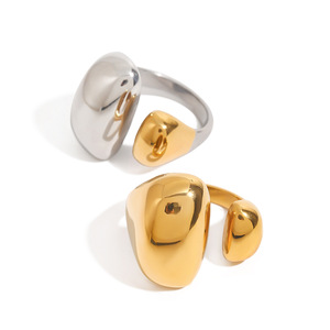 Asymmetrical Double Lobed <b>Open</b> <b>Ring</b> 18k Gold Stainless Steel Geometric Design Unisex Jewelry Gift - Product Image 1