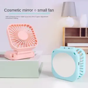 Creative Portable Usb Rechargeable Mini Mirror Fan Desktop Office Pocket Outdoor Small Mirror Folding Neck Fan With LED Light