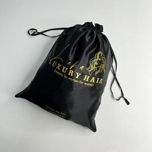 Sacs à cordon en satin noir avec impression dorée personnalisée, sacs anti-poussière en satin de soie pour perruques, cosmétiques, bijoux, emballage cadeau, vente en gros - Product Image 2
