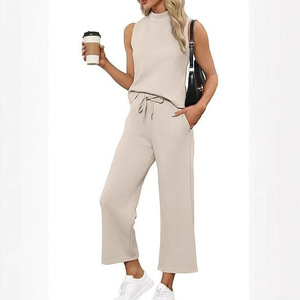 Wholesale <b>Women</b> Breathable Polyester <b>2</b>-<b>Piece</b> Top Pants Set Wide Leg Summer Casual Streetwear <b>Outfit</b> Embroidery Logo - Product Image 2