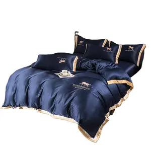 Yüksek kaliteli kral kraliçe boyutu 100% polyester yatak çarşafları yatak örtüsü mavi yatak yıkanmış ipek kumaş nevresim takımı