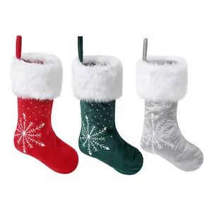 Christmas Plush Christmas Stocking Gift Sock White Fur Cuff Country Stockings Snowflake Velvet Christmas Stockings