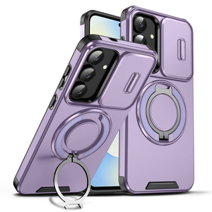 Coque robuste avec protection d'objectif coulissante pour Samsung S25 <span class=keywords><strong>FE</strong></span>, étui rigide avec béquille rotative et support anneau, noir - Product Image 1