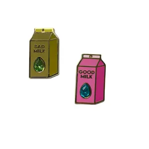 Custom Free Design Gem Stone Bad/good Milk Hard Enamel Earring Lapel Pins