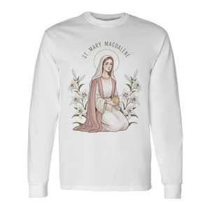 Camiseta de manga larga de Santa María Magdalena con diseño de lirio, ropa de devoción para Pascua - Product Image 1