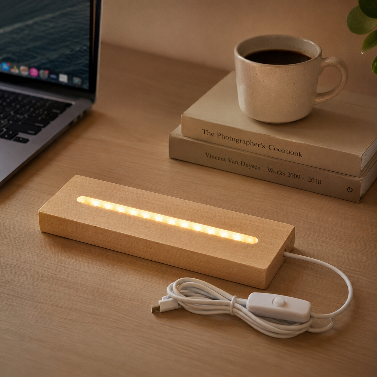 LED Wooden Rectangle Base USB Night Light Minimalist Acrylic Compatible DIY Bedside Lamp Warm White Light Dimmable for Kids