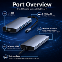 Estación de Conexión USBC 8 en 1, HDMI 4K*60Hz, Puerto de Datos USBC de 10Gbps, 3 Puertos USBA 3.0, Adaptador de Carga PD de 100W para Laptop MacBook Pro Dell XPS