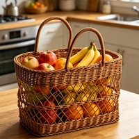 Moderne ecovriendelijke katoenen touwen mand met opengewerkt geweven dessin en handvat voor boodschappen, opbergen, picknick, kamperen en buitengebruik.