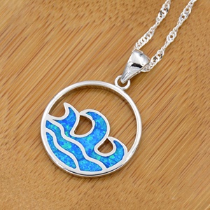 Joyería de Verano Hawaiana, Ópalo Azul, Collar con Colgante Redondo de la Gran <span class=keywords><strong>Ola</strong></span> de Kanagawa, Joyería de Playa - Product Image 3