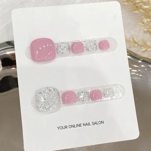 Nouveau produit lancé, ongles artificiels réutilisables faits à la main, rose laser, polarisés, pailletés argentés, à porter sur les pieds - Product Image 3