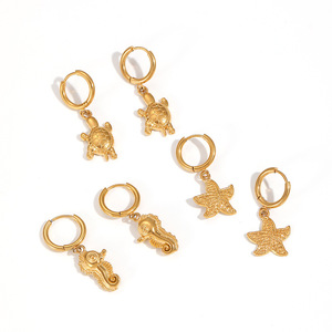 Pendientes de Aro de Acero Inoxidable Estilo Océano con Diseño de Tortuga, Estrella de Mar y Caballito de Mar, Joyería de Moda para Mujer - Product Image 3