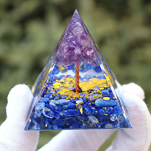<b>Crystal</b> <b>Tree</b> Pyramid Amethyst Lapis Lazuli 5cm Feng Shui Desk Ornament Resin Epoxy Craft Lighted Gift - Product Image 1