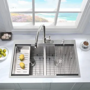 Aquacubic Double Bowl Above Counter 304 Stainless Steel Handmade Kitchen Sink With Ledge Drainboard