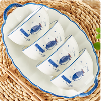 Service de vaisselle en porcelaine haute température, bleu et blanc, design classique japonais, personnalisable, compatible micro-ondes