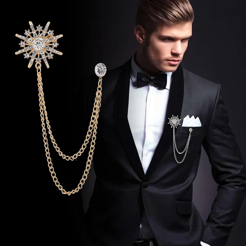 Snowflake rhinestone brooches hanging chain tassel badge gold silver brooches shirt collar lapel pin for men and women