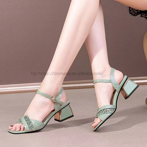 Sandales à talons épais et hauts pour femmes, ornées de strass et de perles, nouvelle collection été - Product Image 2