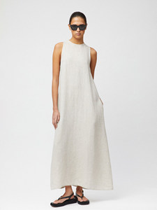 Vestido Midi de Lino/Algodón Minimalista Vintage para Mujer, Cuello Redondo, Cintura Natural, Estilo Francés Holgado, Elegante para la Playa - Product Image 4