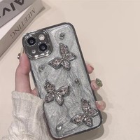 Coque de téléphone iPhone 17 16 15 14 13 12 11 Pro Max XS Plus avec papillon 3D avancé et diamants étincelants, accessoires iPhone