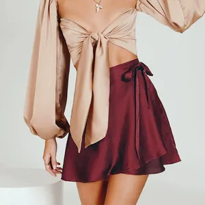Распродажа, Модная элегантная однотонная атласная шифоновая юбка с высокой талией и поясом