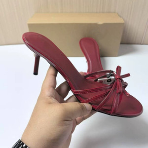 New Arrival Bowknot <b>Red</b> Patent Leather Stiletto Mules - Women's <b>Heeled</b> Slide Sandals Shoes - Product Image 3